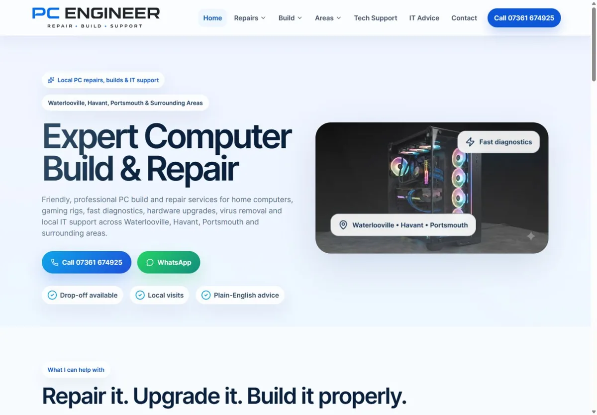 PC Engineer website homepage — Computer repairs & IT support project by MyWebDeveloper