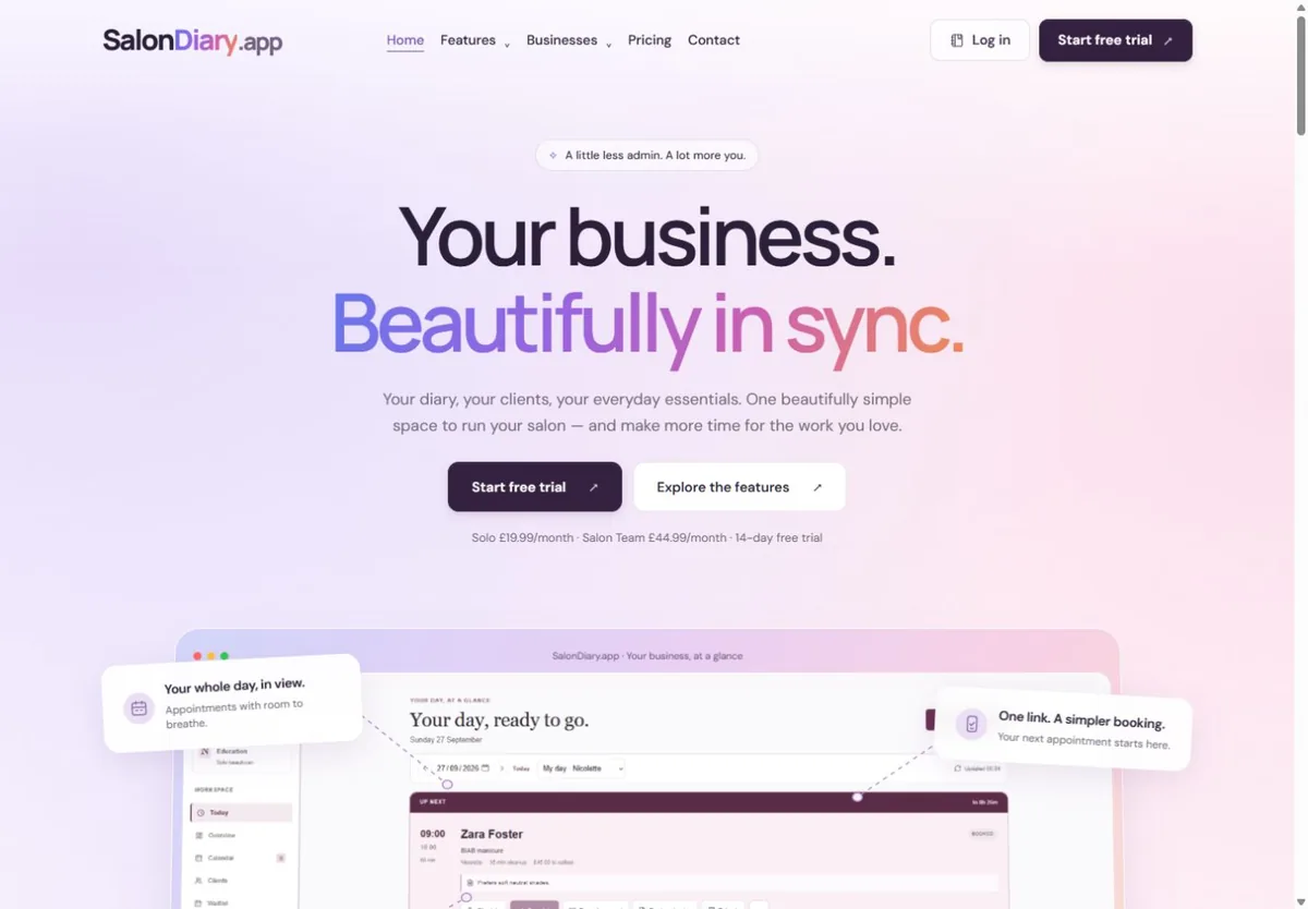 Salon Diary website homepage — Salon management software project by MyWebDeveloper